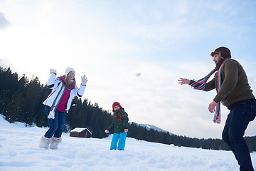 Image showing happy family playing together in snow at winter