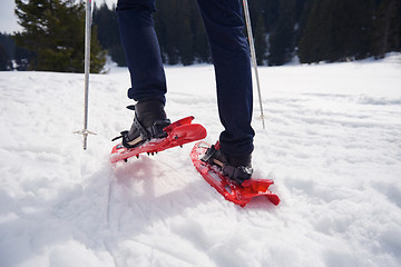 Image showing couple having fun and walking in snow shoes