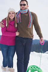 Image showing happy young couple having fun on fresh show on winter vacation