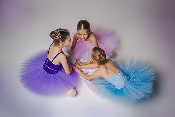 Image showing Three little ballet girls sitting in tutu and posing together