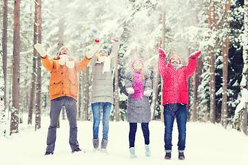 Image showing group of happy friends playin with snow in forest