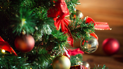 Image showing close up of christmas tree decorated with balls