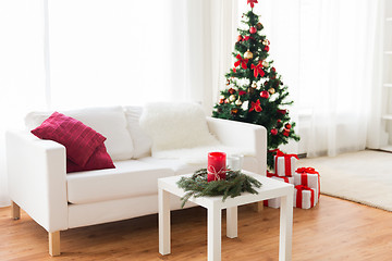 Image showing sofa, table and christmas tree with gifts at home