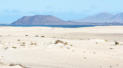 Image showing Dunes, Sand, Sea and Volcano in Fuerteventura