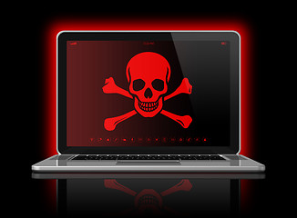 Image showing Laptop with a pirate flag on screen. Hacking concept