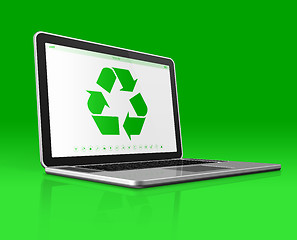 Image showing Laptop with a recycling symbol on screen. environmental conserva