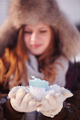 Image showing winter girl with gift