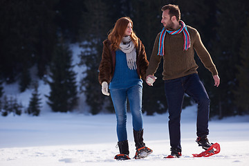 Image showing couple having fun and walking in snow shoes