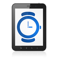 Image showing Time concept: Tablet Computer with Hand Watch on display