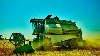 Image showing Harvester combine harvesting wheat on summer day.