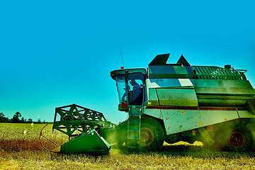 Image showing Harvester combine harvesting wheat on summer day.