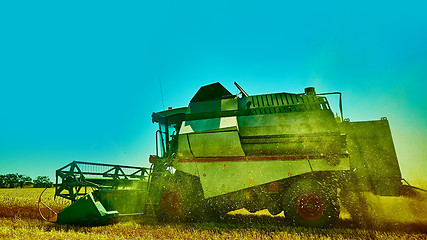 Image showing Harvester combine harvesting wheat on summer day.