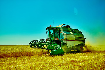 Image showing Harvester combine harvesting wheat on summer day.