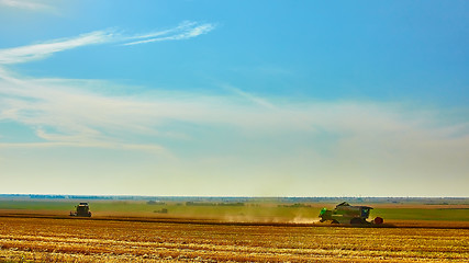 Image showing Harvester combine harvesting wheat on summer day.