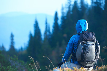 Image showing advanture man with backpack hiking