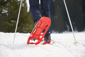 Image showing couple having fun and walking in snow shoes