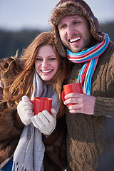 Image showing couple drink warm tea at winter