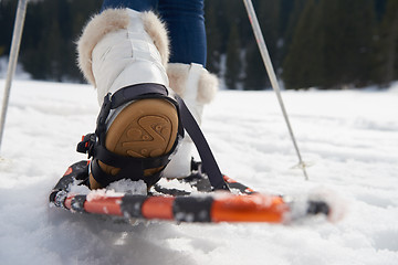 Image showing couple having fun and walking in snow shoes