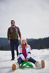 Image showing happy young couple having fun on fresh show on winter vacation