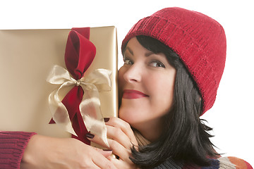 Image showing Happy Woman Holding Christmas Gift on White