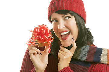 Image showing Happy Woman Holding Christmas Gift on White