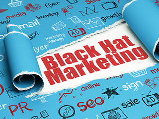 Image showing Advertising concept: red text Black Hat Marketing under the piece of  torn paper