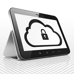 Image showing Cloud computing concept: Tablet Computer with Cloud With Padlock on display