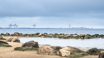 Image showing Rocky beach on the Gulf of Finland. Port of Sillamae, Estonia