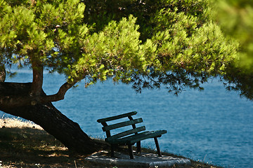 Image showing Trees and bench at the coast line in   Peloponese in Greece