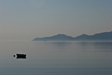 Image showing Boat in the morning mist  Peloponese in Greece 