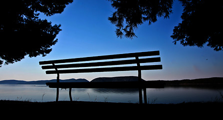 Image showing Trees and bench at the coast line in   Peloponese in Greece