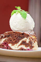 Image showing chocolate cake with jam ice cream