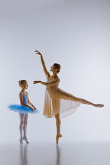 Image showing The little ballerina posing with personal teacher in dance studio