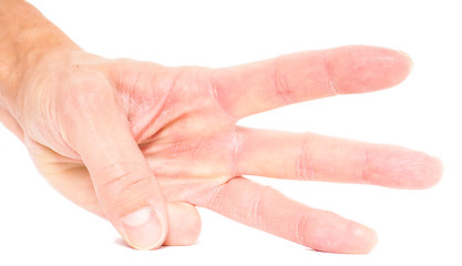 Image showing Person showing three fingers isolated on white