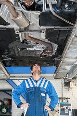 Image showing Mechanic Examining the state of an exhaust system Under The Car 