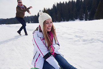 Image showing happy young couple having fun on fresh show on winter vacation