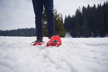 Image showing couple having fun and walking in snow shoes