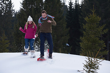 Image showing couple having fun and walking in snow shoes