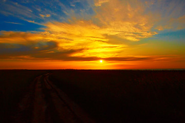 Image showing Sunset in the steppe.