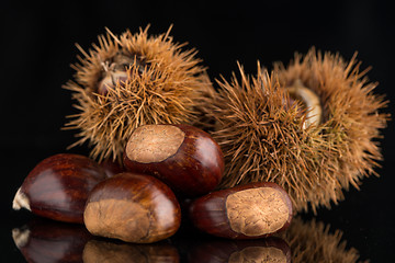 Image showing Chestnuts on a black reflective background