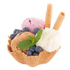 Image showing Ice cream scoops in wafer bowl