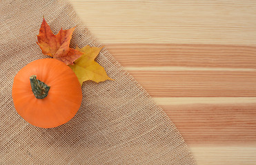 Image showing Pumpkin and autumn leaves on burlap 