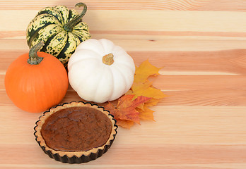 Image showing Fall pumpkins and leaves with pumpkin pie