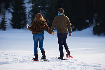 Image showing couple having fun and walking in snow shoes