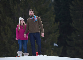 Image showing couple having fun and walking in snow shoes