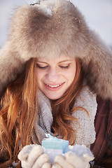 Image showing winter girl with gift