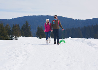 Image showing happy young couple having fun on fresh show on winter vacation