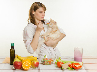 Image showing Dissatisfied cat sniffs offered her a spoonful of vegetable salad