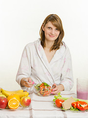Image showing A young girl prepared vegetarian vegetable salad