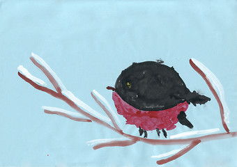 Image showing Children\'s drawing - bird sits on a snow-covered branch